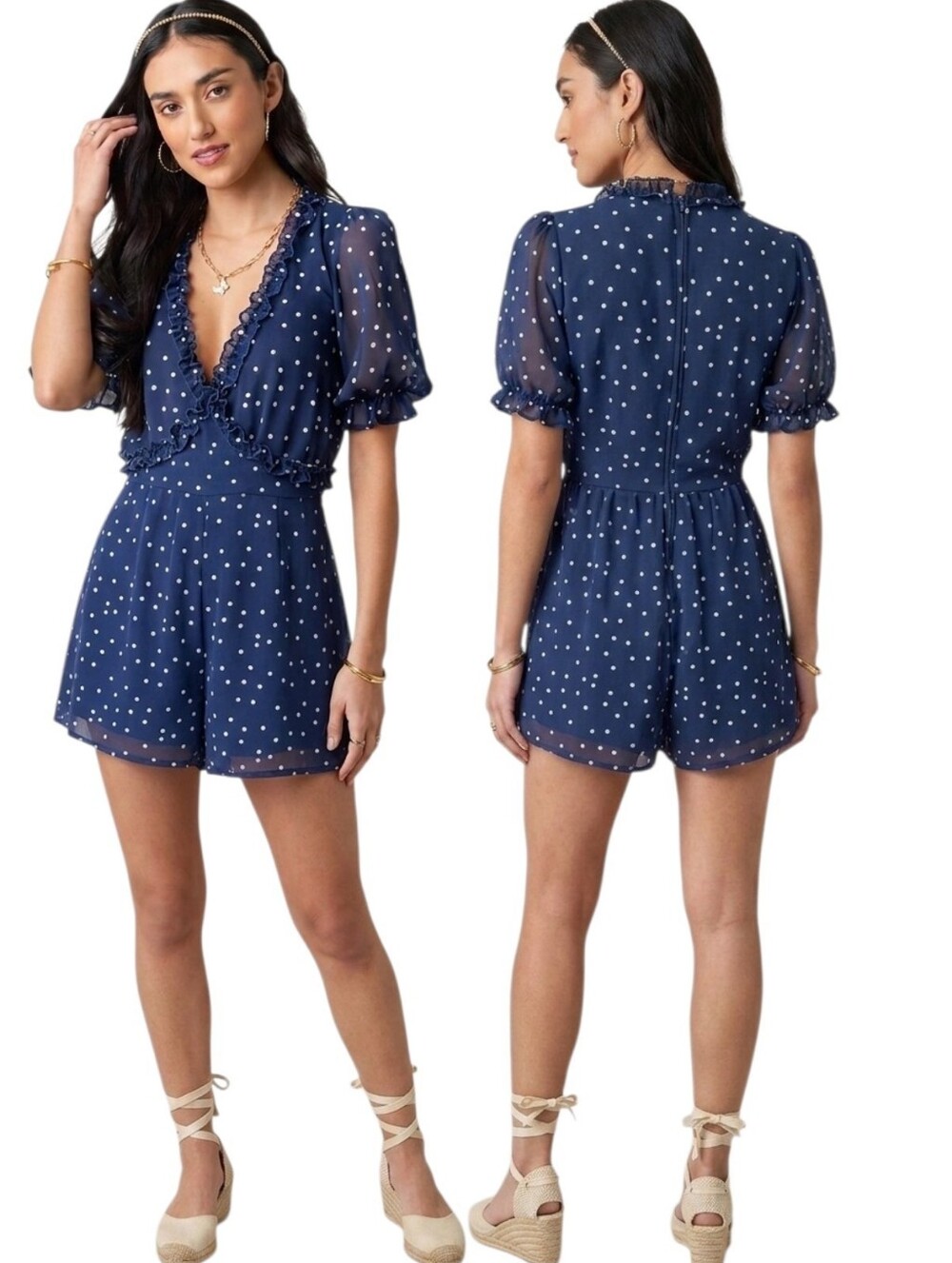 TRIXXI Navy Ruffle Polkadot Romper - Size L